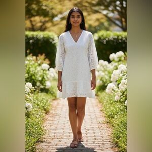 H&M White Eyelet V-Neck Mini Dress with Puff Sleeves